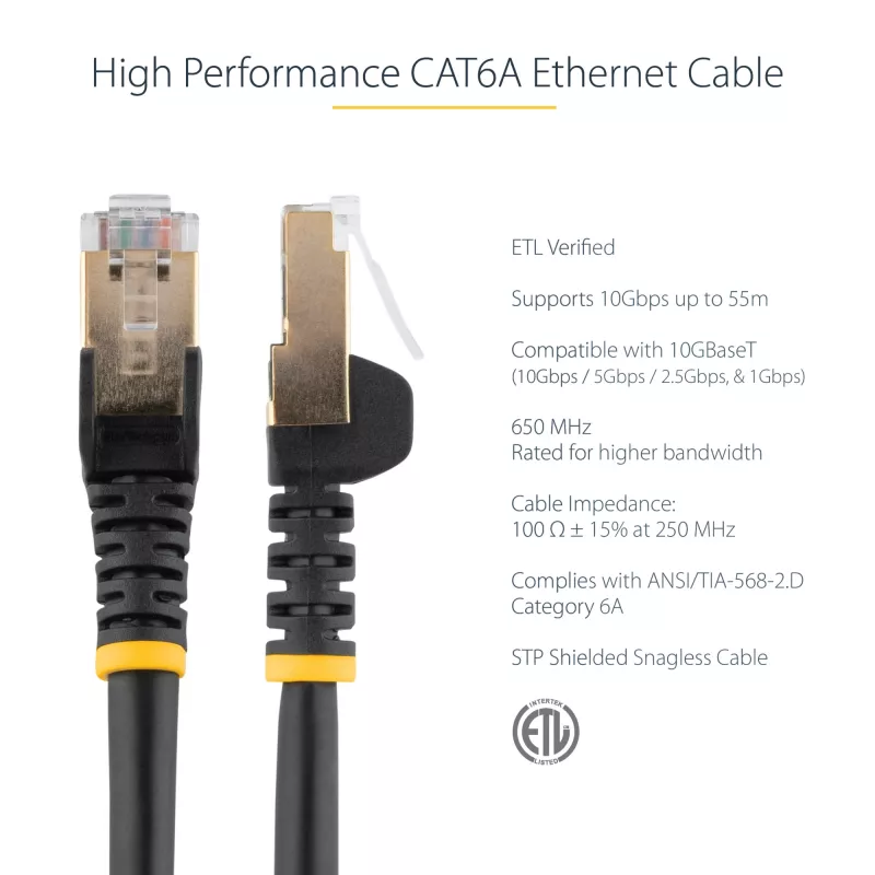 StarTech.com 7,5m CAT6a eterneto kabelis - 10 Gigabitų ekranuotas neužsikabinantis RJ45 100W PoE komutacinis kabelis - 10GbE STP tinklo kabelis su įtempimo sumažinimu - juodas individualiai testuotas/instaliacija UL sertifikuota/TIA