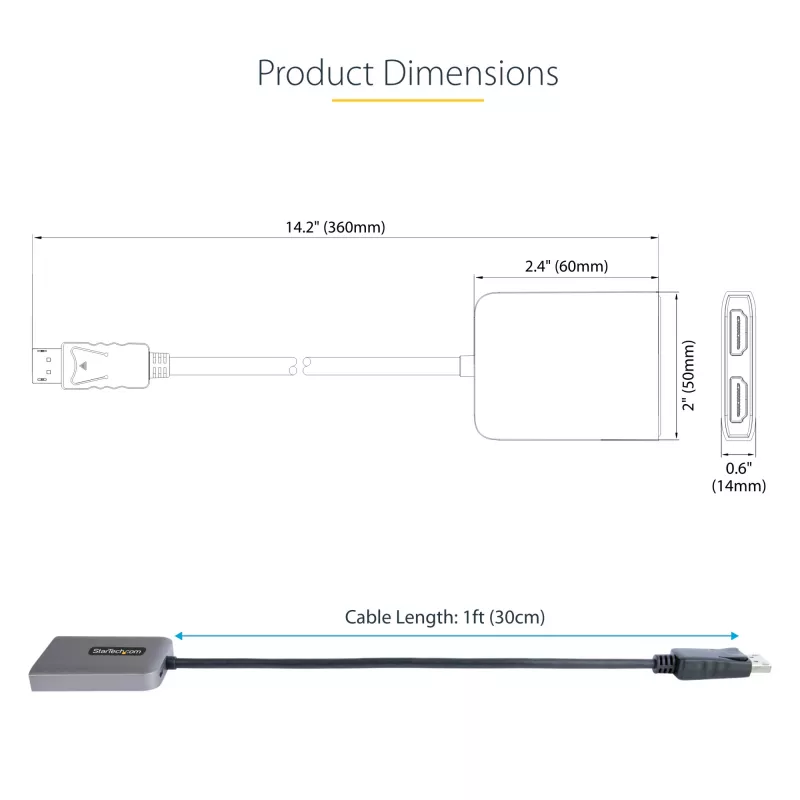 „StarTech.com“ DP į dvigubą HDMI MST HUB – dvigubas HDMI 4K 60Hz – „DisplayPort“ kelių monitorių adapteris su 1 pėdos / 30 cm kabeliu – DP 1.4 kelių srautų perdavimo koncentratorius, DSC | HBR3 – DP į HDMI skirstytuvas