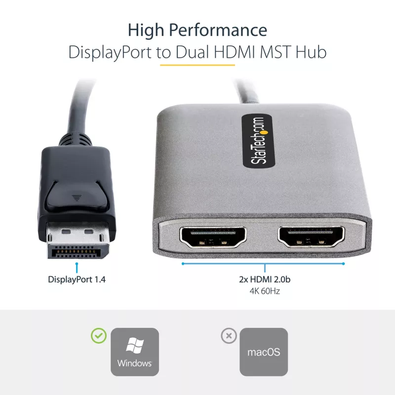 „StarTech.com“ DP į dvigubą HDMI MST HUB – dvigubas HDMI 4K 60Hz – „DisplayPort“ kelių monitorių adapteris su 1 pėdos / 30 cm kabeliu – DP 1.4 kelių srautų perdavimo koncentratorius, DSC | HBR3 – DP į HDMI skirstytuvas