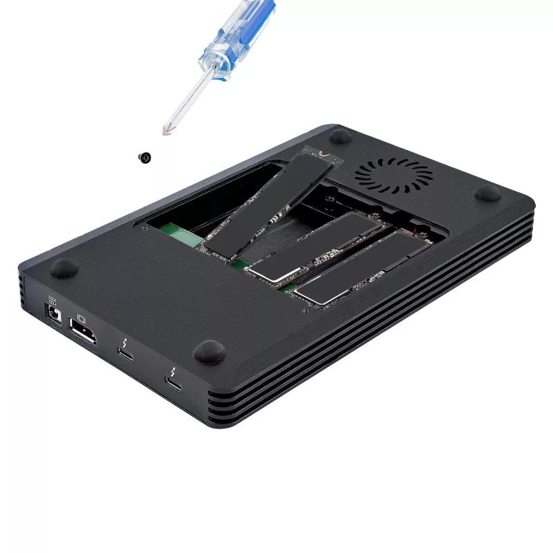 StarTech.com 4 vietų Thunderbolt 3 NVMe korpusas, skirtas M.2 NVMe SSD diskams, 1x DisplayPort vaizdo / 2x TB3 išvesties prievadai, 40 Gbps, 72 W maitinimo blokas, išorinis kietojo disko korpusas