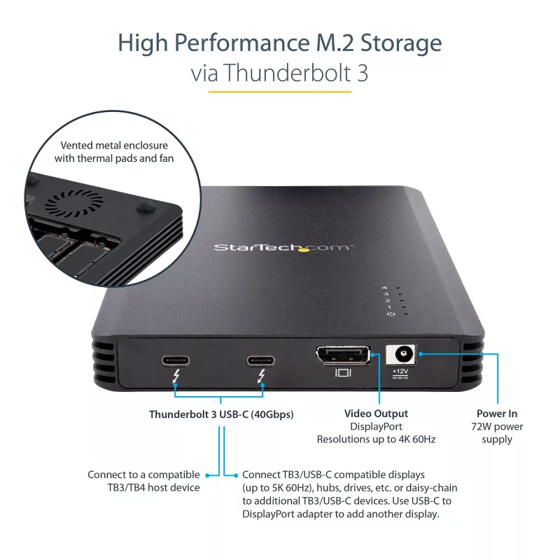 StarTech.com 4 vietų Thunderbolt 3 NVMe korpusas, skirtas M.2 NVMe SSD diskams, 1x DisplayPort vaizdo / 2x TB3 išvesties prievadai, 40 Gbps, 72 W maitinimo blokas, išorinis kietojo disko korpusas