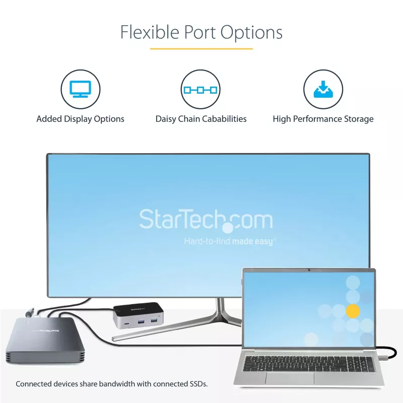 StarTech.com 4 vietų Thunderbolt 3 NVMe korpusas, skirtas M.2 NVMe SSD diskams, 1x DisplayPort vaizdo / 2x TB3 išvesties prievadai, 40 Gbps, 72 W maitinimo blokas, išorinis kietojo disko korpusas