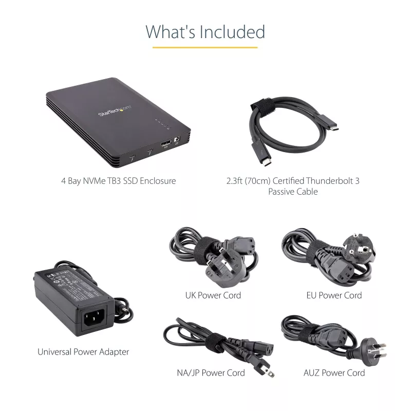 StarTech.com 4 vietų Thunderbolt 3 NVMe korpusas, skirtas M.2 NVMe SSD diskams, 1x DisplayPort vaizdo / 2x TB3 išvesties prievadai, 40 Gbps, 72 W maitinimo blokas, išorinis kietojo disko korpusas