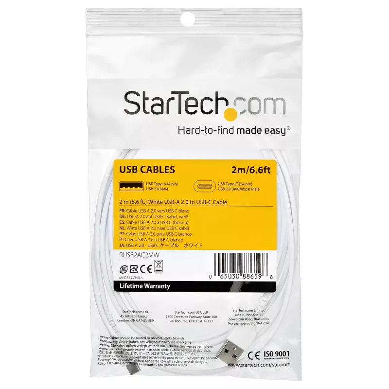 StarTech.com 2 m USB A į USB C įkrovimo laidas – Patvarus greitas USB 2.0 į USB Type C duomenų laido įkrovimas ir sinchronizavimas – Tvirtas TPE apvalkalas su aramidinio pluošto sutvirtinimu M/M 3A Baltas – Samsung S10, iPad Pro, Pixel