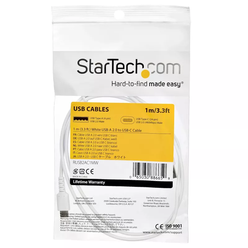 StarTech.com 1 m USB A – USB C įkrovimo laidas – Patvarus greitas įkrovimas ir sinchronizavimas USB 2.0 į USB Type C duomenų kabelis – Tvirtas TPE apvalkalas, aramidinis pluoštas, M/M, 3 A, baltas – Samsung S10, iPad Pro, Pixel