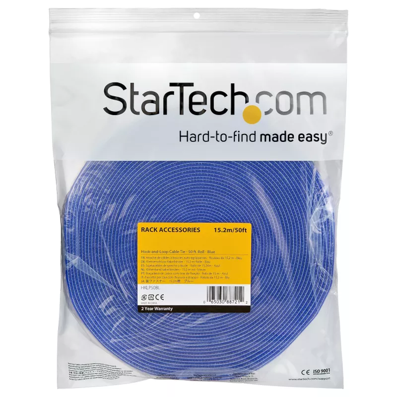 StarTech.com 50 pėdų kabliukų ir kilpų ritinėlis – kirpkite pagal dydį daugkartinio naudojimo kabelių raiščiai – pramoninė vielos tvirtinimo juosta / reguliuojami medžiaginiai apvalkalai mėlyni / daugkartiniai savaime prilimpantys kabelių valdymo dirželiai