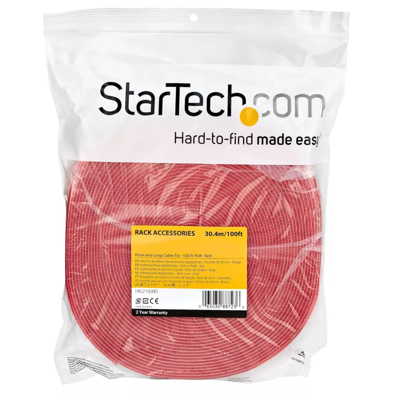 StarTech.com 100 pėdų lipnios ir kilpinės juostos ritinys – pjaustomi daugkartiniai kabelių raiščiai – pramoninė vielos tvirtinimo juosta / reguliuojami medžiaginiai apvalkalai raudoni / daugkartinio naudojimo savaime susikabinantys kabelių valdymo dirželiai