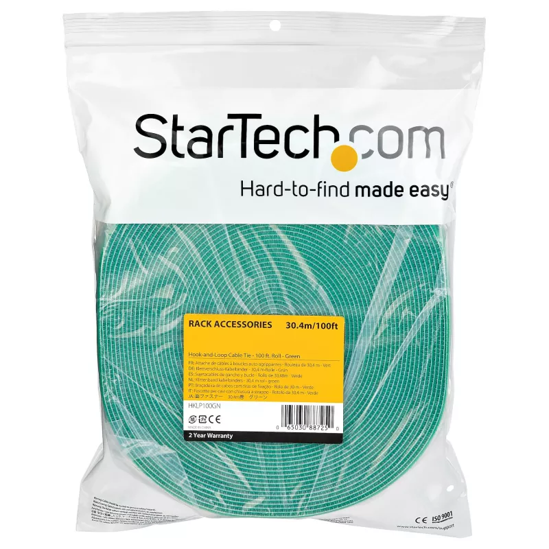 StarTech.com 100ft Hook and Loop Roll - Cut-to-Size Reusable kabelis Ties - Bulk Industrial Wire Fastener Tape /Adjustable Fabric Wraps Green / Resuable Self Gripping kabelis Management Straps