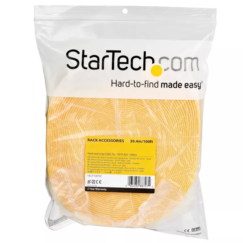 StarTech.com 100 pėdų kabliukų ir kilpų ritinys – pagal dydį kerpami daugkartiniai kabelių raiščiai – pramoninė vielos tvirtinimo juosta / reguliuojami medžiaginiai apvalkalai geltoni / daugkartiniai savaime susikabinantys kabelių valdymo dirželiai
