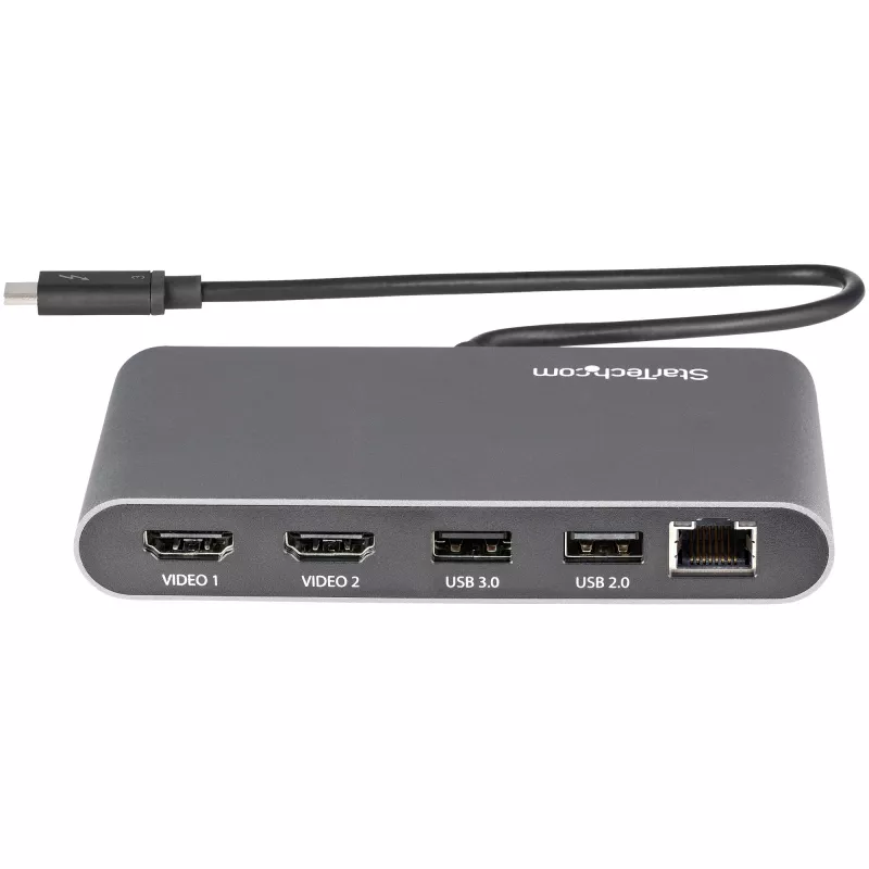 StarTech.com dviejų monitorių Thunderbolt mini dokas, 4K 60Hz HDMI, tvarkyklių nereikalaujantis šakotuvas, skirtas Windows ir Mac, Gigabit Ethernet, 1 x USB 5Gbps ir 1x USB 2.0, 11 colių (28 cm) laidas
