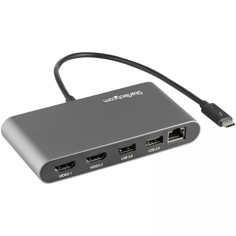 StarTech.com dviejų monitorių Thunderbolt mini dokas, 4K 60Hz HDMI, tvarkyklių nereikalaujantis šakotuvas, skirtas Windows ir Mac, Gigabit Ethernet, 1 x USB 5Gbps ir 1x USB 2.0, 11 colių (28 cm) laidas