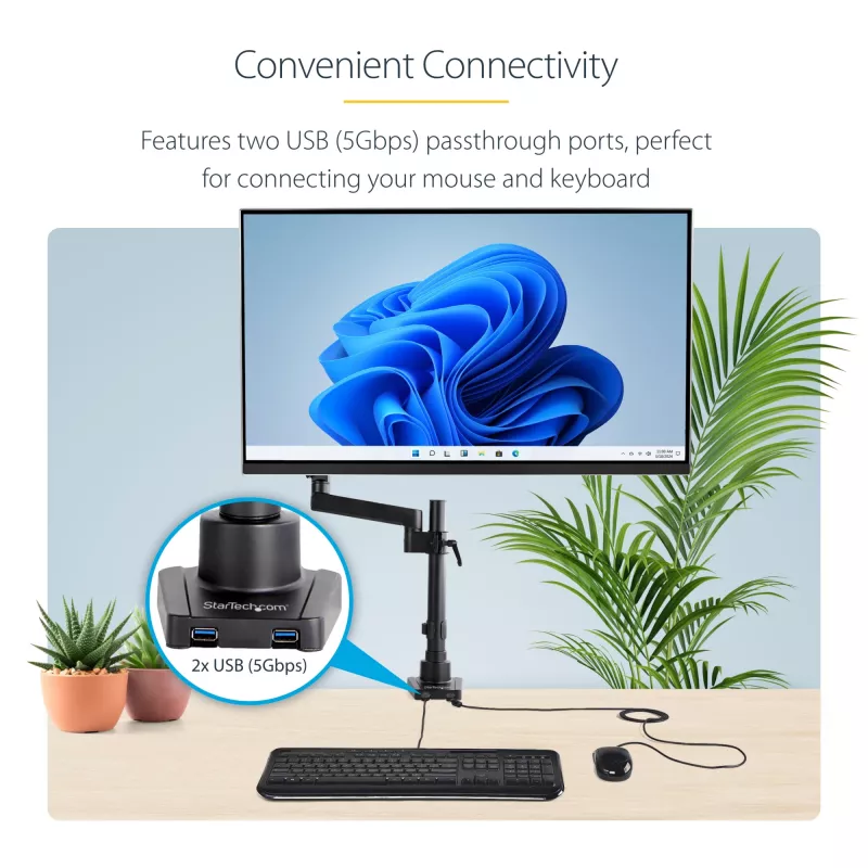 „StarTech.com“ stalo monitoriaus laikiklis su 2x USB 3.0 prievadais, pilno judesio vieno monitoriaus laikiklis, iki 34 colių (17,6 svaro/8 kg) VESA ekranas, spaustuko / įvorės tvirtinimas, mechaninė spyruoklė