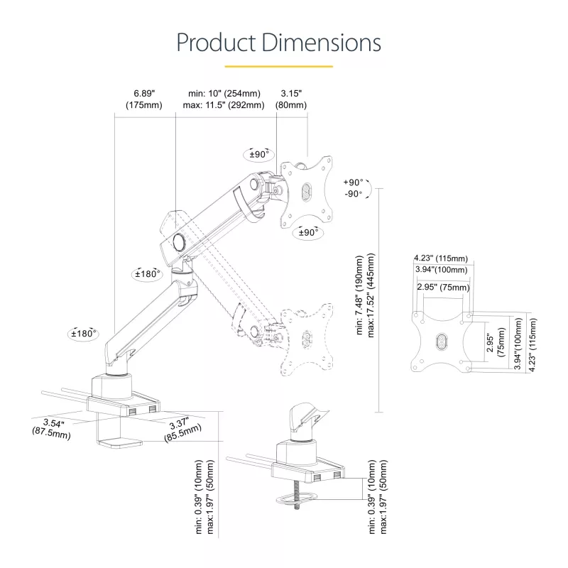 „StarTech.com“ stalo montavimo monitoriaus laikiklis su 2x USB 3.0 prievadais, plonas, pilno judesio, vienam monitoriui, iki 34 col. (17,6 svaro / 8 kg) VESA ekranui, spaustuvas / įvorės montavimas, mechaninė spyruoklė