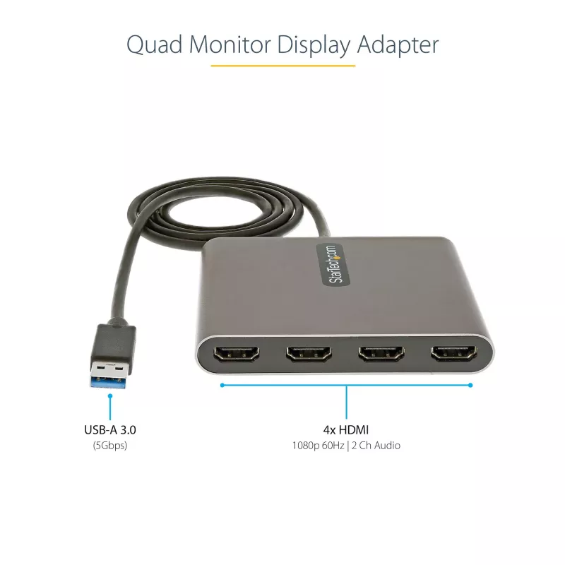 StarTech.com USB 3.0 į Quad HDMI adapteris, USB į 4x HDMI monitoriaus keitiklis, skirtas Windows (nepalaiko macOS/ChromeOS/Linux) – TAA