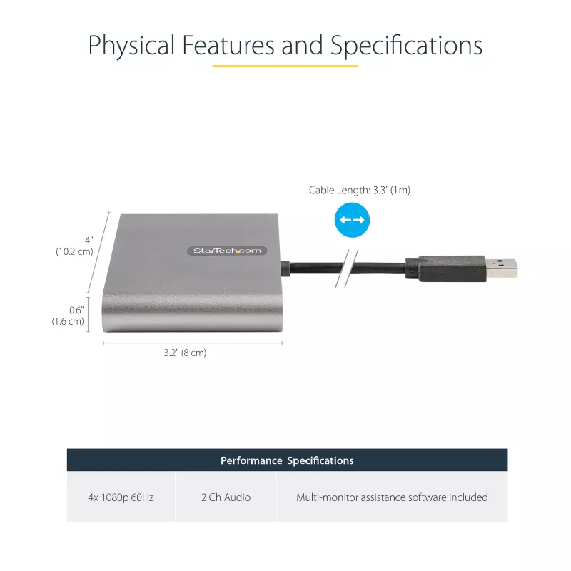 StarTech.com USB 3.0 į Quad HDMI adapteris, USB į 4x HDMI monitoriaus keitiklis, skirtas Windows (nepalaiko macOS/ChromeOS/Linux) – TAA