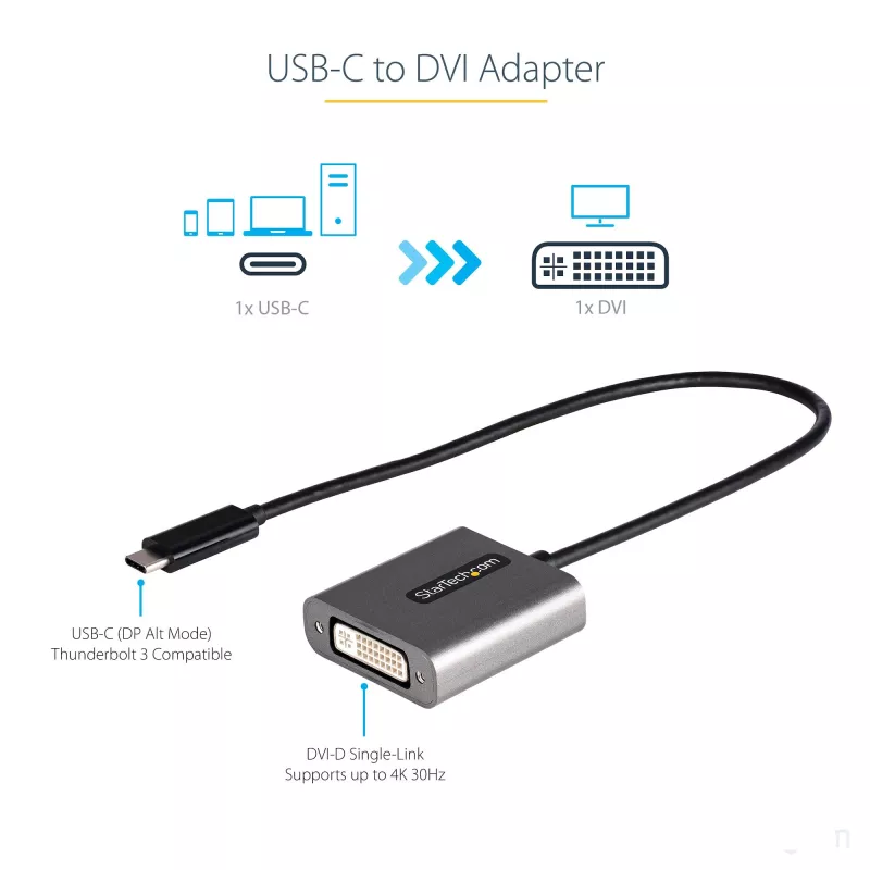StarTech.com USB C į DVI adapteris - 1920x1200p USB-C į DVI-D adapterio keitiklis - USB Type C į DVI ekraną / monitorių - vaizdo keitiklis - suderinamas su Thunderbolt 3 - 12 colių ilgio pritvirtintas laidas - atnaujinta CDP2DVI versija