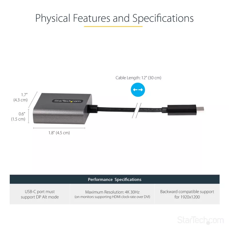 StarTech.com USB C į DVI adapteris - 1920x1200p USB-C į DVI-D adapterio keitiklis - USB Type C į DVI ekraną / monitorių - vaizdo keitiklis - suderinamas su Thunderbolt 3 - 12 colių ilgio pritvirtintas laidas - atnaujinta CDP2DVI versija