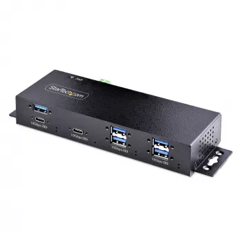 StarTech.com 7 prievadų pramoninis USB 10 Gbps šakotuvas su maitinimo adapteriu, metalinis, montuojamas, 5x USB-A ir 2x USB-C išvedimo prievadai, ESD apsauga, maitinamas USB šakotuvas, TAA