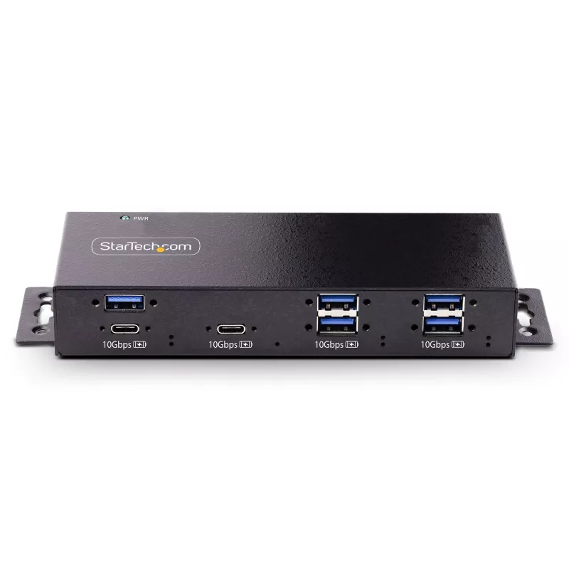 StarTech.com 7 prievadų pramoninis USB 10 Gbps šakotuvas su maitinimo adapteriu, metalinis, montuojamas, 5x USB-A ir 2x USB-C išvedimo prievadai, ESD apsauga, maitinamas USB šakotuvas, TAA