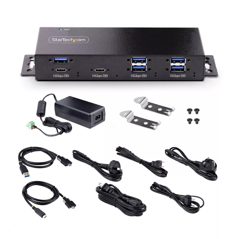 StarTech.com 7 prievadų pramoninis USB 10 Gbps šakotuvas su maitinimo adapteriu, metalinis, montuojamas, 5x USB-A ir 2x USB-C išvedimo prievadai, ESD apsauga, maitinamas USB šakotuvas, TAA