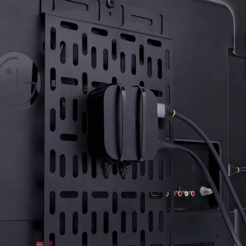 „StarTech.com“ universalus televizoriaus priedų laikiklis - reguliuojamas televizoriaus ir sienos tvirtinimo laikiklis - medijos leistuvai / maršruto parinktuvas / modemas / AV jungikliai ir ilgintuvai / „Apple TV“ - paslėptas kabelių dėžutės laikiklis už televizoriaus - 5 kg