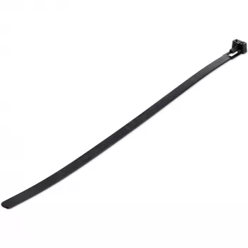 StarTech.com 10 colių (25 cm) daugkartiniai kabelių raiščiai – 1/4 colio (7 mm) pločio, 2–1/2 colio (65 mm) ryšulio skersmuo, 50 svarų (22 kg) tempimo stipris, atsegami nailoniniai raiščiai, vidaus/lauko, 94V-2/UL sąraše, 100 vnt. pakuotė – juodi