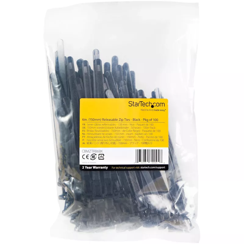 StarTech.com 15 cm daugkartiniai kabelių raiščiai - 7 mm pločio, 35 mm ryšulio skersmuo, 22 kg tempimo stipris, atsegami nailoniniai raiščiai, vidaus/lauko, 94V-2/UL sertifikuoti, 100 vnt. - Juodi