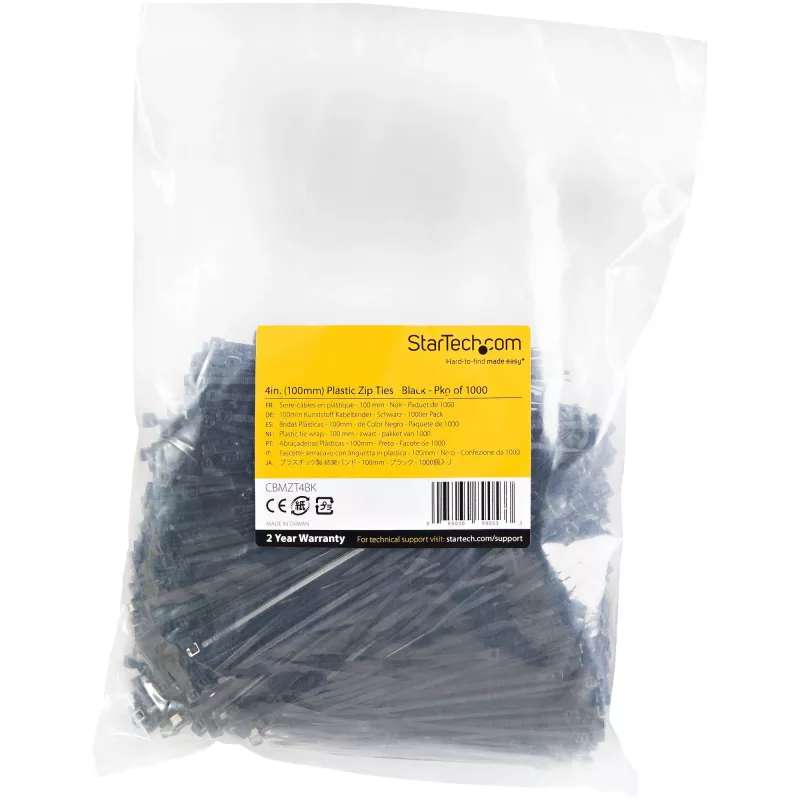 StarTech.com 4 colių (10 cm) kabelių raiščiai - 1/16 colio (2 mm) pločio, 7/8 colio (22 mm) kabelių pluošto skersmuo, 8 kg tempimo stipris, nailoniniai savaime užsifiksuojantys užtraukiami raiščiai lenktu galiuku - 94V-2/UL sąraše, 1000 vnt. pakuotė - juodi
