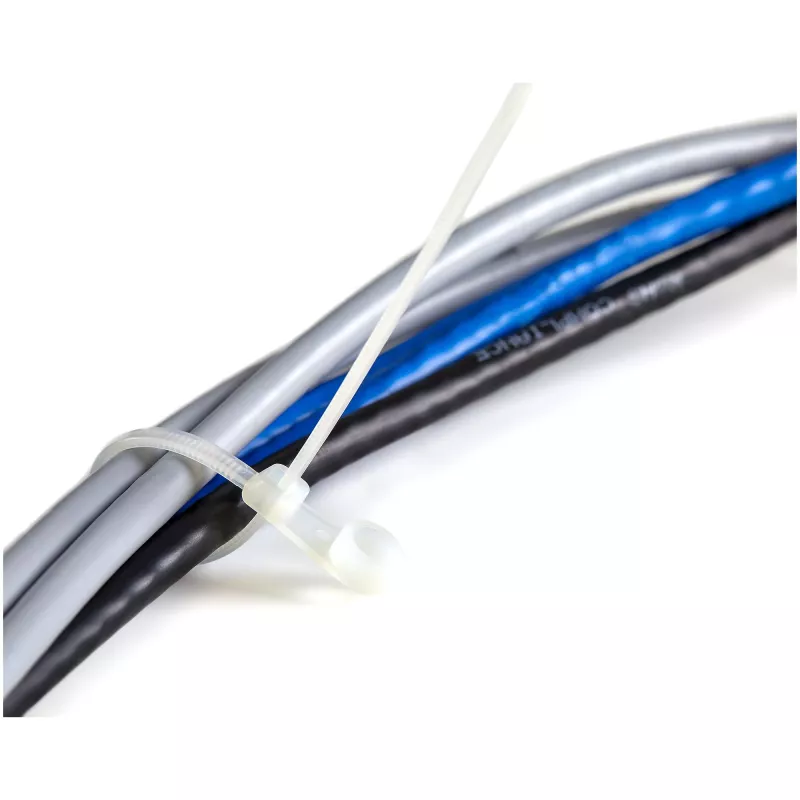 StarTech.com 8 colių (20 cm) kabelių raiščiai su tvirtinimo anga – 1/8 colio (4 mm) pločio, 2 colių (52 mm) ryšulio skersmuo, 50 svarų (22 kg) tempiamasis stipris, nailono 66 savaime užsifiksuojantys raiščiai su varžto anga, UL sąraše, 100 vnt. pakuotė