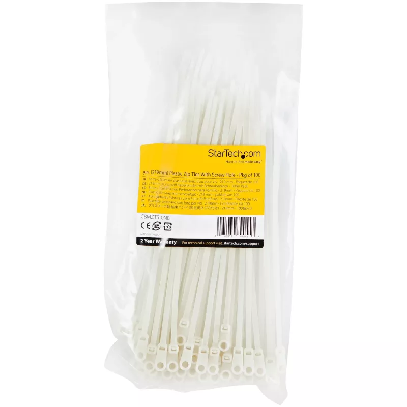 StarTech.com 8 colių (20 cm) kabelių raiščiai su tvirtinimo anga – 1/8 colio (4 mm) pločio, 2 colių (52 mm) ryšulio skersmuo, 50 svarų (22 kg) tempiamasis stipris, nailono 66 savaime užsifiksuojantys raiščiai su varžto anga, UL sąraše, 100 vnt. pakuotė