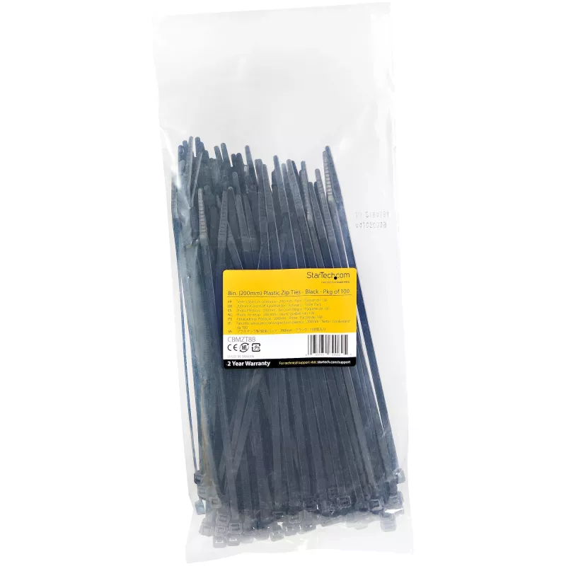 StarTech.com 8 colių (20 cm) kabelių raiščiai – 1/8 colio (4 mm) pločio, 2-1/8 colio (55 mm) ryšulio skersmuo, 50 svarų (22 kg) tempiamasis stipris, nailoniniai savaime užsifiksuojantys užtraukiami raiščiai lenktu antgaliu – 94V-2/UL sąraše, 100 vnt. pakuotė – juodi