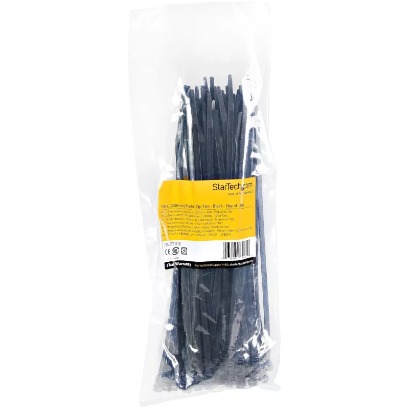 “StarTech.com” 10 colių (25 cm) kabelių raiščiai – 1/8 colio (4 mm) pločio, 2–5/8 colių (68 mm) ryšulio skersmuo, 50 svarų (22 kg) tempimo stipris, nailoniniai savaime užsifiksuojantys užtraukiami raiščiai su lenktu galu – 94V-2/UL sąraše, 100 vnt. pakuotė – juodi