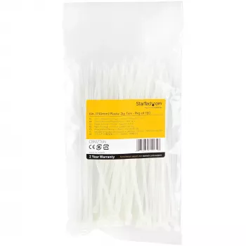 StarTech.com 100 vnt. pakuotė 6 colių (15 cm) kabelių raiščiai - 1/8 colio (3,6 mm) pločio, 1-3/8 colio (39 mm) ryšulio skersmuo, 40 svarų (18 kg) tempiamasis stipris, nailoniniai savaime užsifiksuojantys užtraukiami raiščiai su lenktu galu, UL sąraše, balti - TAA