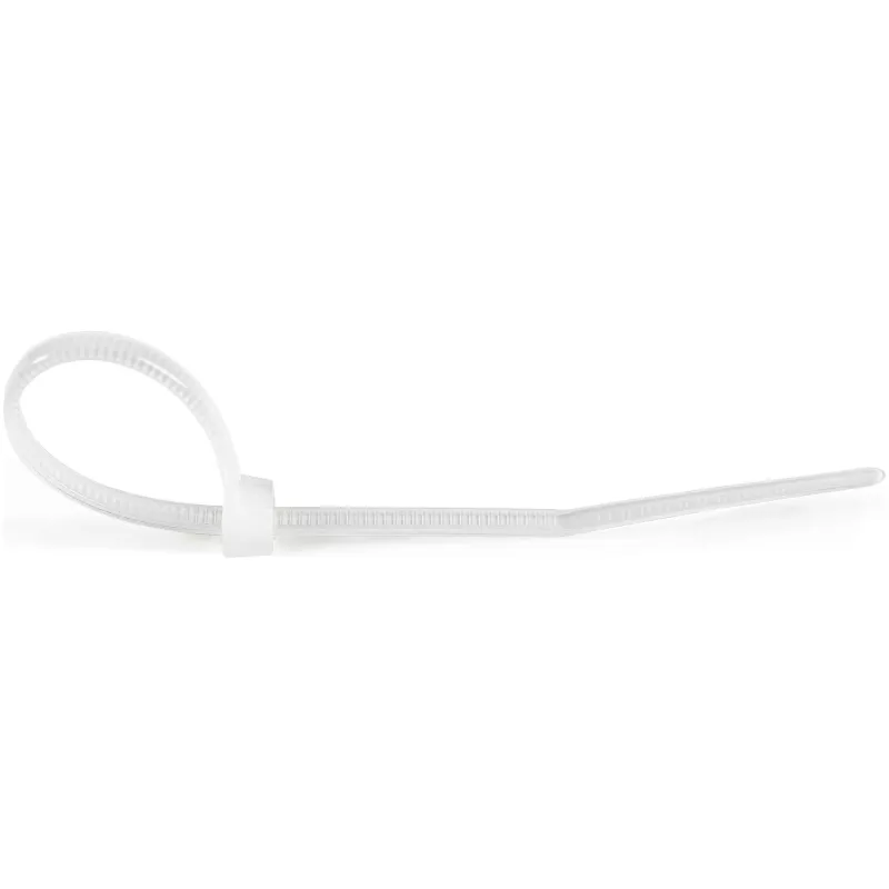 StarTech.com 4 colių (10 cm) kabelių raiščiai – 1/16 colio (2 mm) pločio, 7/8 colio (22 mm) ryšulio skersmuo, 18 svarų (8 kg) tempiamasis stipris, nailoniniai, savaime užsifiksuojantys užtraukiami raiščiai lenktu antgaliu – 94V-2 / UL sąraše, 100 vnt. pakuotė – balti