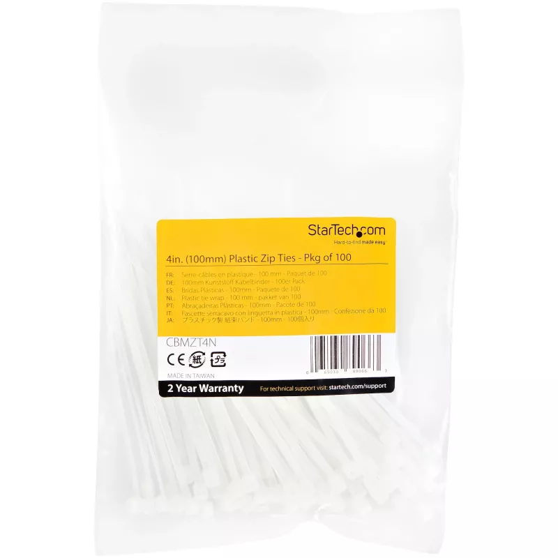 StarTech.com 4 colių (10 cm) kabelių raiščiai – 1/16 colio (2 mm) pločio, 7/8 colio (22 mm) ryšulio skersmuo, 18 svarų (8 kg) tempiamasis stipris, nailoniniai, savaime užsifiksuojantys užtraukiami raiščiai lenktu antgaliu – 94V-2 / UL sąraše, 100 vnt. pakuotė – balti