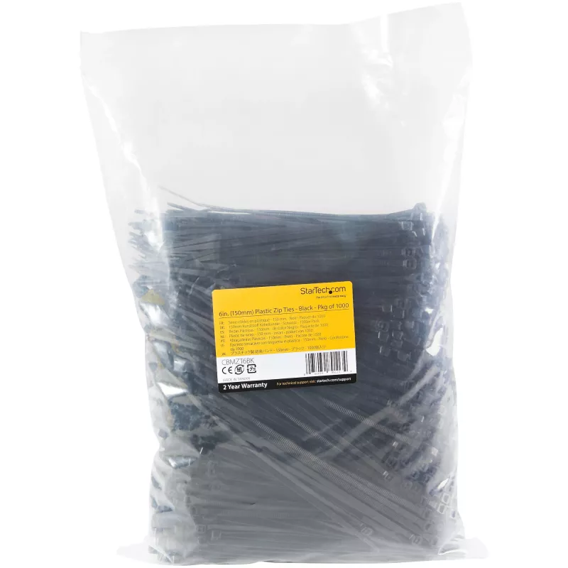 StarTech.com 1000 vnt. pakuotė 6 colių (15 cm) kabelių raiščiai - 1/8 colio (3,6 mm) pločio, 1-3/8 colio (39 mm) ryšulio skersmuo, 40 svarų (18 kg) tempiamasis stipris, nailoniniai savaime užsifiksuojantys užtraukiami raiščiai su lenktu antgaliu, įtraukti į UL sąrašą, juodi - TAA