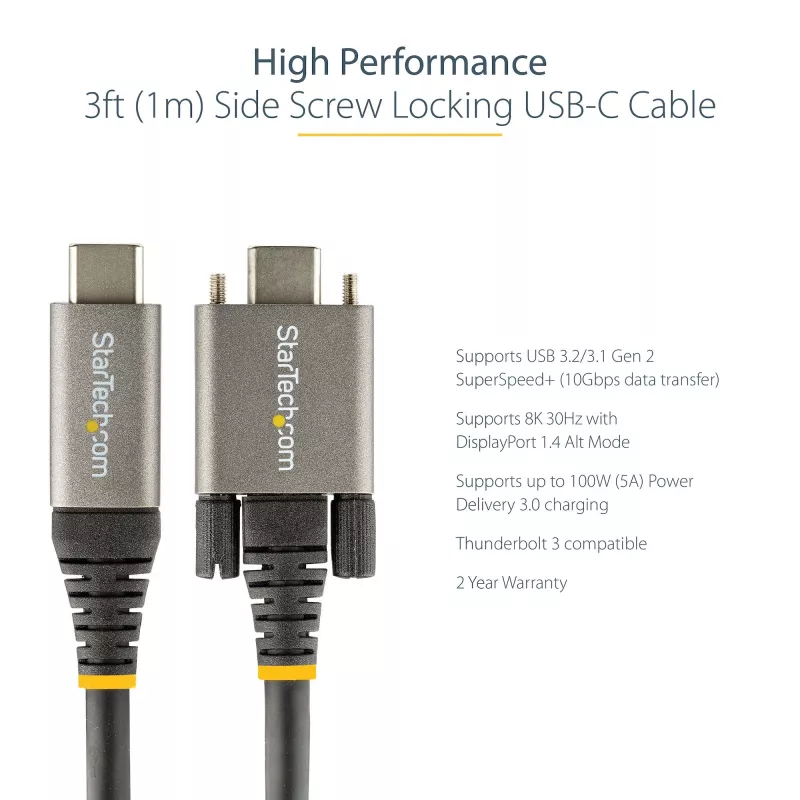 StarTech.com 20 colių (50 cm) šoninio varžto fiksavimo USB-C laidas 10 Gbps – USB 3.1/3.2 Gen 2 Type-C laidas – 100 W (5 A) Power Delivery įkrovimas, DP Alt Mode – dvigubas varžto fiksavimas – USB-C laidas įkrovimui / sinchronizavimui