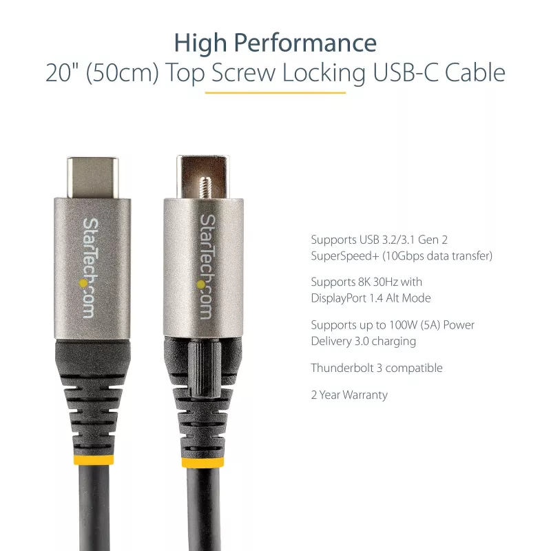 StarTech.com 20 colių (50 cm) viršutinio varžto fiksavimo USB-C laidas 10 Gbps – USB 3.1/3.2 Gen 2 Type-C laidas – 100 W (5 A) Power Delivery įkrovimas, DP Alt Mode – vienas varžto fiksatorius, USB-C laidas įkrovimui / sinchronizavimui