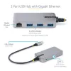 StarTech.com 3 prievadų USB šakotuvas su Ethernet – 3x USB-A prievadai – Gigabit Ethernet (RJ-45) – USB 3.0 5 Gbps – maitinamas per magistralę – 1 pėdos/30 cm ilgio laidas – nešiojamas nešiojamojo kompiuterio USB šakotuvo adapteris su GbE