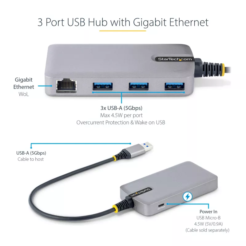 StarTech.com 3 prievadų USB šakotuvas su Ethernet – 3x USB-A prievadai – Gigabit Ethernet (RJ-45) – USB 3.0 5 Gbps – maitinamas per magistralę – 1 pėdos/30 cm ilgio laidas – nešiojamas nešiojamojo kompiuterio USB šakotuvo adapteris su GbE