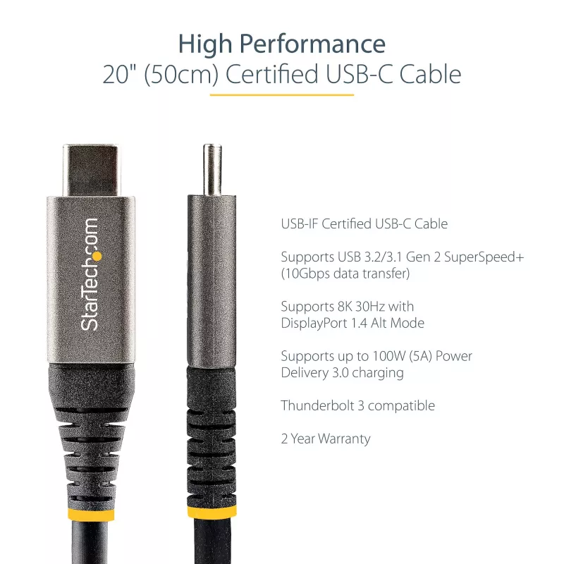 StarTech.com 20 col. (50cm) USB-C laidas 10 Gbps - USB 3.1 Type-C laidas - 100 W (5 A) Power Delivery įkrovimas, DP Alt Mode - USB-C laidas USB-C nešiojamam kompiuteriui/telefonui/įrenginiui - Įkrovimas/Sinchronizavimas
