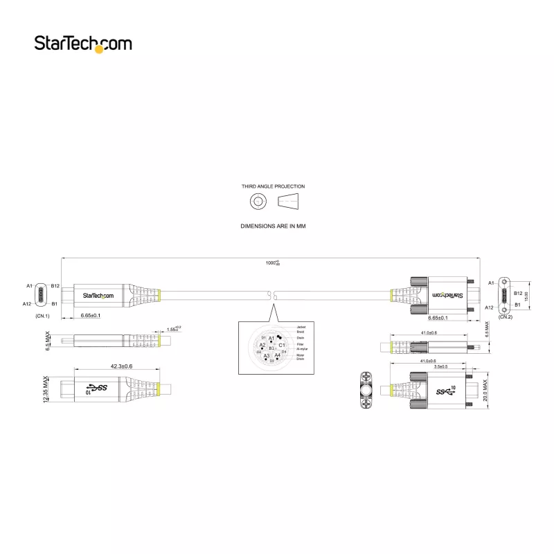 StarTech.com 3 pėdų (1 m) USB-C laidas su šoniniais varžtiniais užraktais, 10 Gbps – USB-IF sertifikuotas USB-C laidas – USB 3.1/3.2 Gen 2 Type-C laidas – 100 W (5 A) Power Delivery įkrovimas, DP Alt Mode – dvigubas varžtinis užraktas – USB-C laidas įkrovimui / sinchronizavimui