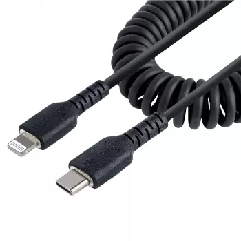 StarTech.com 1m (3 pėd.) USB-C į Lightning laidas, MFi sertifikuotas, spiralinis iPhone įkroviklio laidas, juodas, patvarus TPE apvalkalas aramidiniu pluoštu, itin tvirtas spiralinis Lightning laidas