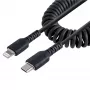 StarTech.com 1m (3 pėd.) USB-C į Lightning laidas, MFi sertifikuotas, spiralinis iPhone įkroviklio laidas, juodas, patvarus TPE apvalkalas aramidiniu pluoštu, itin tvirtas spiralinis Lightning laidas