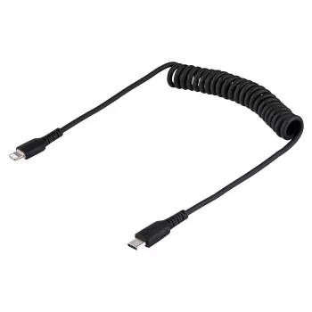 StarTech.com 1m (3 pėd.) USB-C į Lightning laidas, MFi sertifikuotas, spiralinis iPhone įkroviklio laidas, juodas, patvarus TPE apvalkalas aramidiniu pluoštu, itin tvirtas spiralinis Lightning laidas