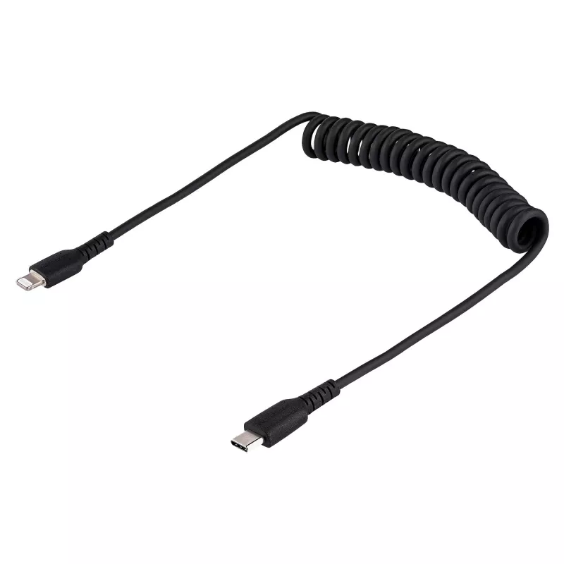 StarTech.com 1m (3 pėd.) USB-C į Lightning laidas, MFi sertifikuotas, spiralinis iPhone įkroviklio laidas, juodas, patvarus TPE apvalkalas aramidiniu pluoštu, itin tvirtas spiralinis Lightning laidas