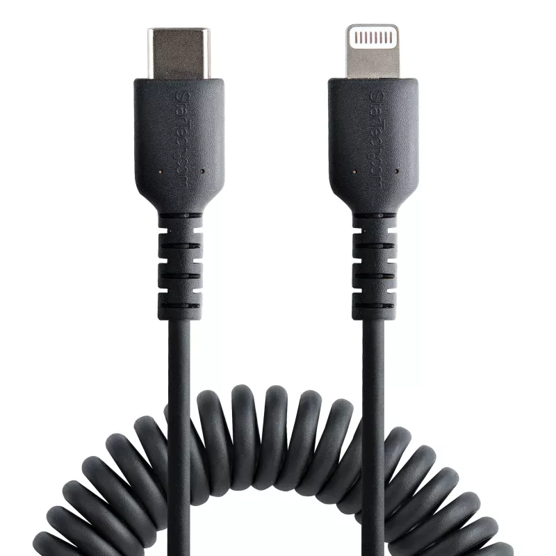 StarTech.com 1m (3 pėd.) USB-C į Lightning laidas, MFi sertifikuotas, spiralinis iPhone įkroviklio laidas, juodas, patvarus TPE apvalkalas aramidiniu pluoštu, itin tvirtas spiralinis Lightning laidas