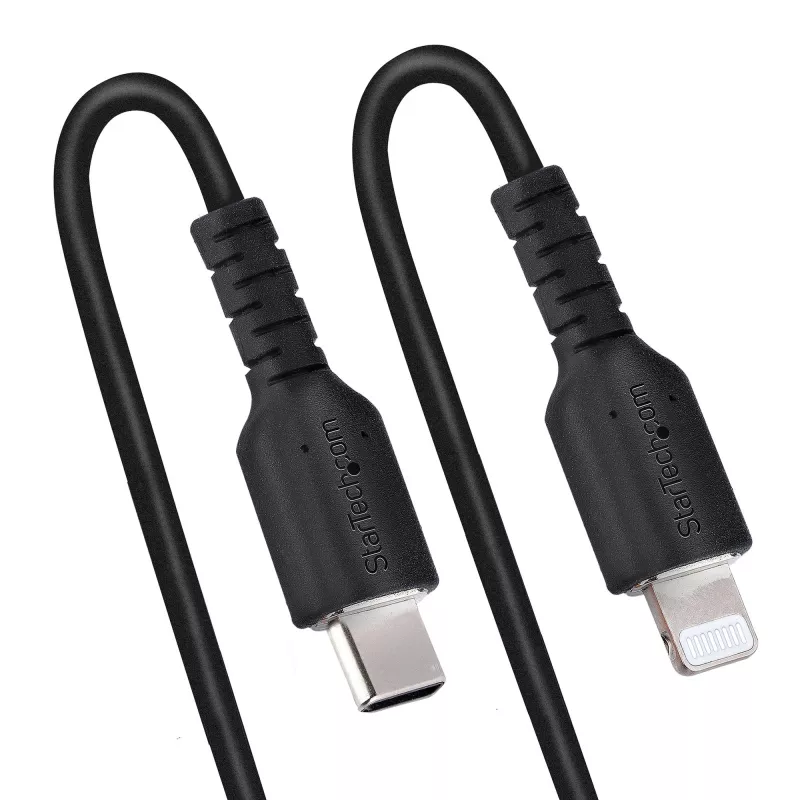 StarTech.com 1m (3 pėd.) USB-C į Lightning laidas, MFi sertifikuotas, spiralinis iPhone įkroviklio laidas, juodas, patvarus TPE apvalkalas aramidiniu pluoštu, itin tvirtas spiralinis Lightning laidas