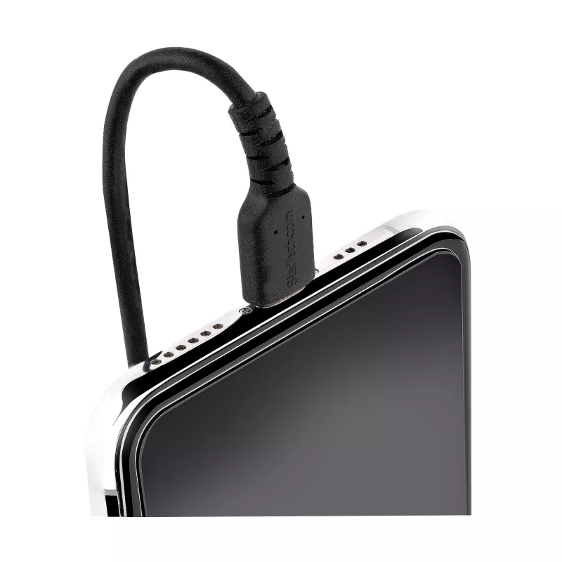 StarTech.com 1m (3 pėd.) USB-C į Lightning laidas, MFi sertifikuotas, spiralinis iPhone įkroviklio laidas, juodas, patvarus TPE apvalkalas aramidiniu pluoštu, itin tvirtas spiralinis Lightning laidas