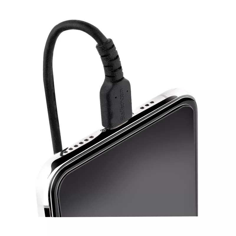 StarTech.com 1m (3 pėd.) USB-C į Lightning laidas, MFi sertifikuotas, spiralinis iPhone įkroviklio laidas, juodas, patvarus TPE apvalkalas aramidiniu pluoštu, itin tvirtas spiralinis Lightning laidas
